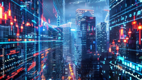 Futuristic city with neon lights and data visualizations for technology or finance themed designs © Yusif