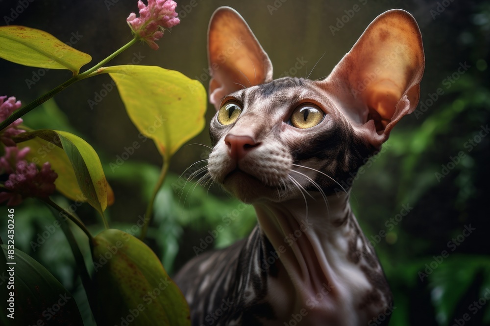 Portrait of a funny cornish rex cat in front of lush tropical rainforest