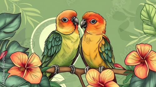 Two Colorful Parrots Perched on a Branch in a Tropical Jungle