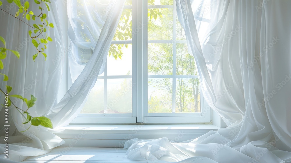 Open window with white curtains blowing in the breeze, illustrating the fresh and airy feeling of freedom Open window with white curtains blowing in the breeze, illustrating the fresh and airy feeling of freedom