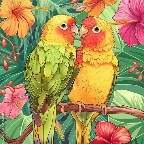 Two Colorful Parrots Perched on a Branch in a Tropical Jungle