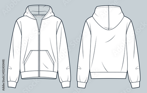  Hooded Sweatshirt technical fashion illustration. Zipped Jacket fashion flat technical drawing template, pocket, relaxed fit, front and back view, white, women, men, unisex Sportswear CAD mockup set.