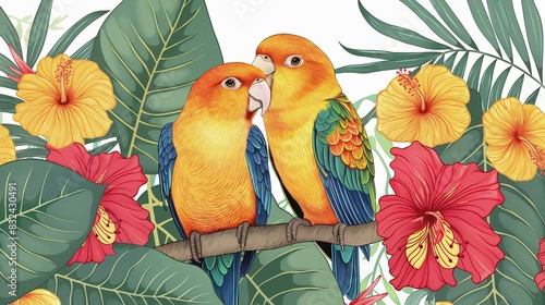 Two Colorful Parrots Perched on a Branch in a Tropical Jungle