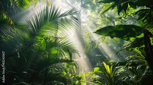 Rainforest canopy with sunlight filtering through  illustrating the richness and biodiversity of tropical forests