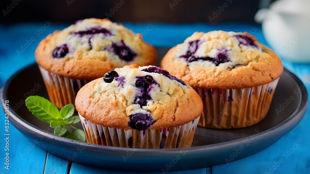 Blueberry muffins mint leaves on plate, blue wooden table background Blueberry muffins mint leaves on plate, blue wooden table background
