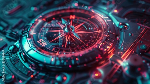 Futuristic compass with neon lights for technology or exploration themed designs