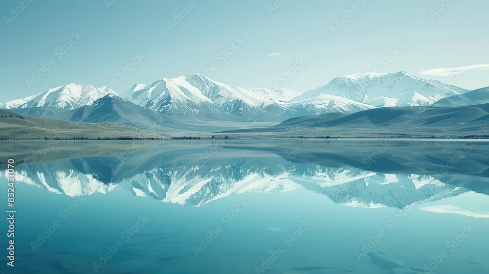 Snow-capped mountains reflecting in a clear lake, symbolizing pristine natural environments and water conservation