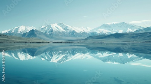 Snow-capped mountains reflecting in a clear lake, symbolizing pristine natural environments and water conservation © buraratn