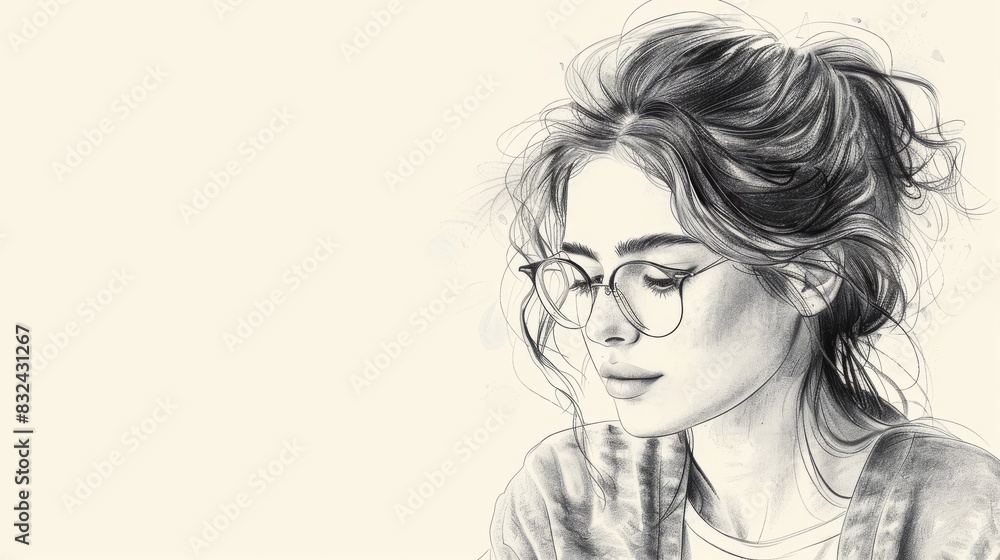The black and white portrait of a beautiful young woman with glasses and a bun hairstyle. The black and white portrait of a beautiful young woman with glasses and a bun hairstyle.