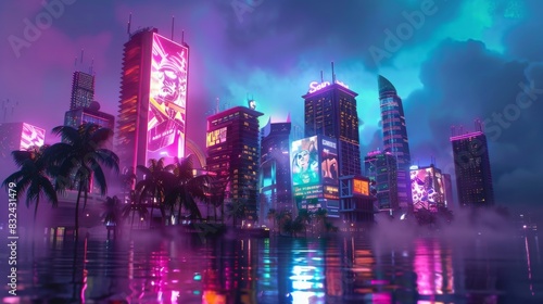 Futuristic cyberpunk city at night with neon lights and reflections in water