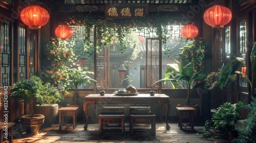 The photo shows a beautiful Chinese courtyard with a table and chairs in the center photo