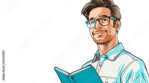Thoughtful man wearing glasses reading a book.