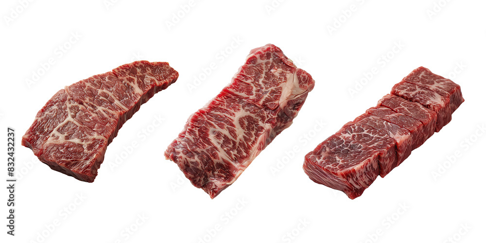 Fototapeta premium Set of raw wagyu steak on transparent background. Food set.