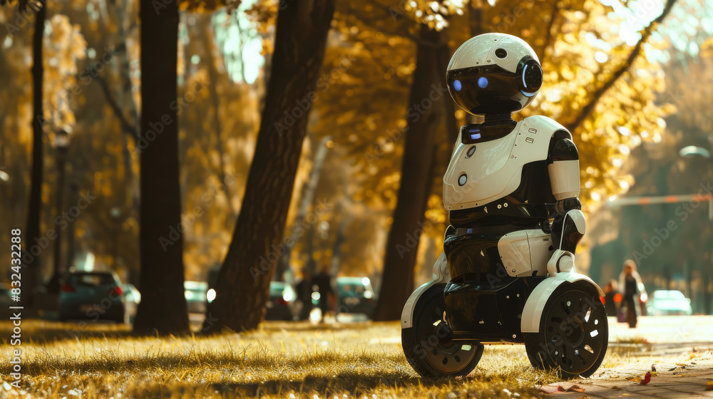 A futuristic robot on a pathway in an autumn park, surrounded by trees and people in the background. Modern technology and nature scene. A futuristic robot on a pathway in an autumn park, surrounded by trees and people in the background. Modern technology and nature scene.
