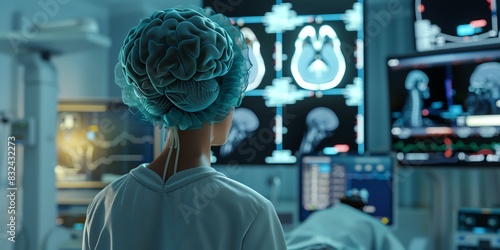 Surgeon looking at scans of a patient's brain. photo