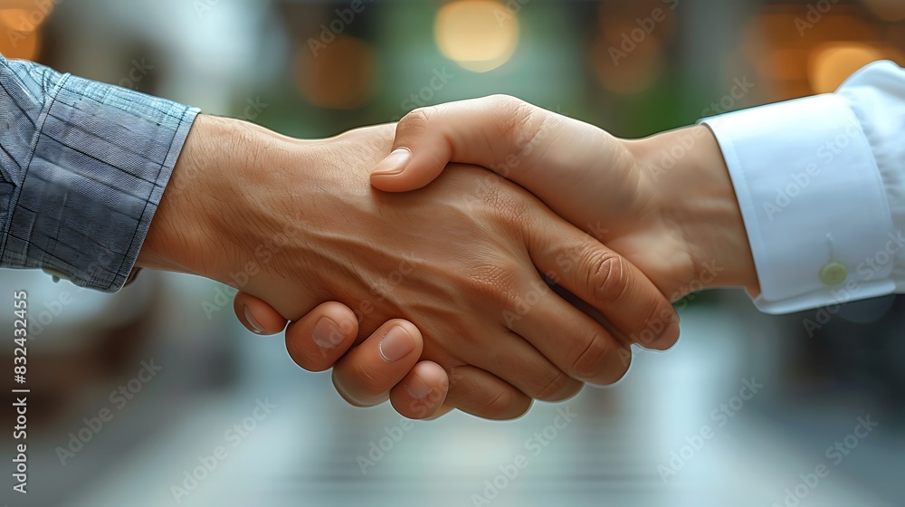 Detailed close-up of a handshake between hands of different ethnicities, focusing on hand textures and elegant cufflinks, blurred neutral office background, professional and inclusive. Detailed close-up of a handshake between hands of different ethnicities, focusing on hand textures and elegant cufflinks, blurred neutral office background, professional and inclusive.
