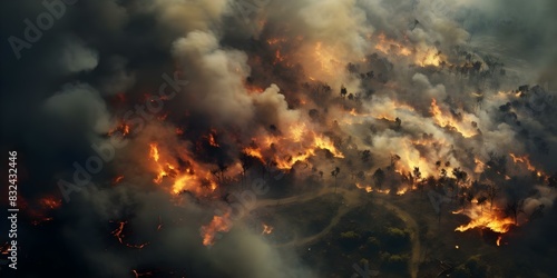 Aerial view of forest fire symbolizing environmental impact and destruction. Concept Forest Fire, Aerial View, Environmental Impact, Destruction, Wildfire