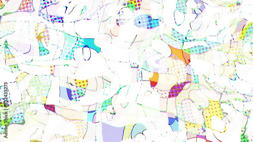 Pop art abstract halftone shapes moving in stop motion style, colorful animation. Fantasy vivid effect of cubism geometrical shapes. Magical geometric for party, cartoon shape style, birthday canvas