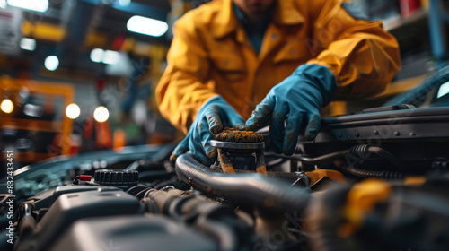 A mechanic wearing gloves and a yellow jacket working on a car engine in a well-lit automotive workshop.