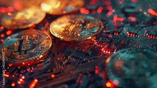 Focused Image of Bitcoins on Digital Circuit Board Background