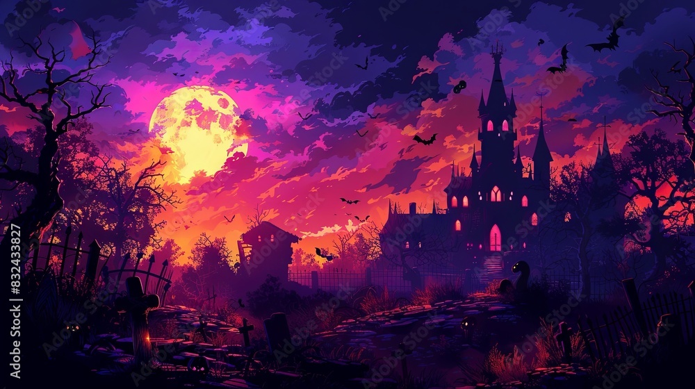 Colorful Halloween-themed illustration, poster.
