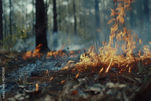 Wildforest fire burning forest trees eecological disaster smoke aerial view from helicopter danger death animals damage hazard blaze pollution tragedy