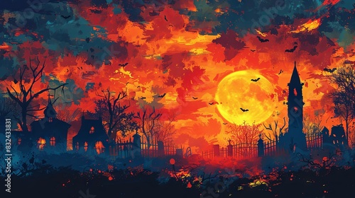 Colorful Halloween-themed illustration, poster.