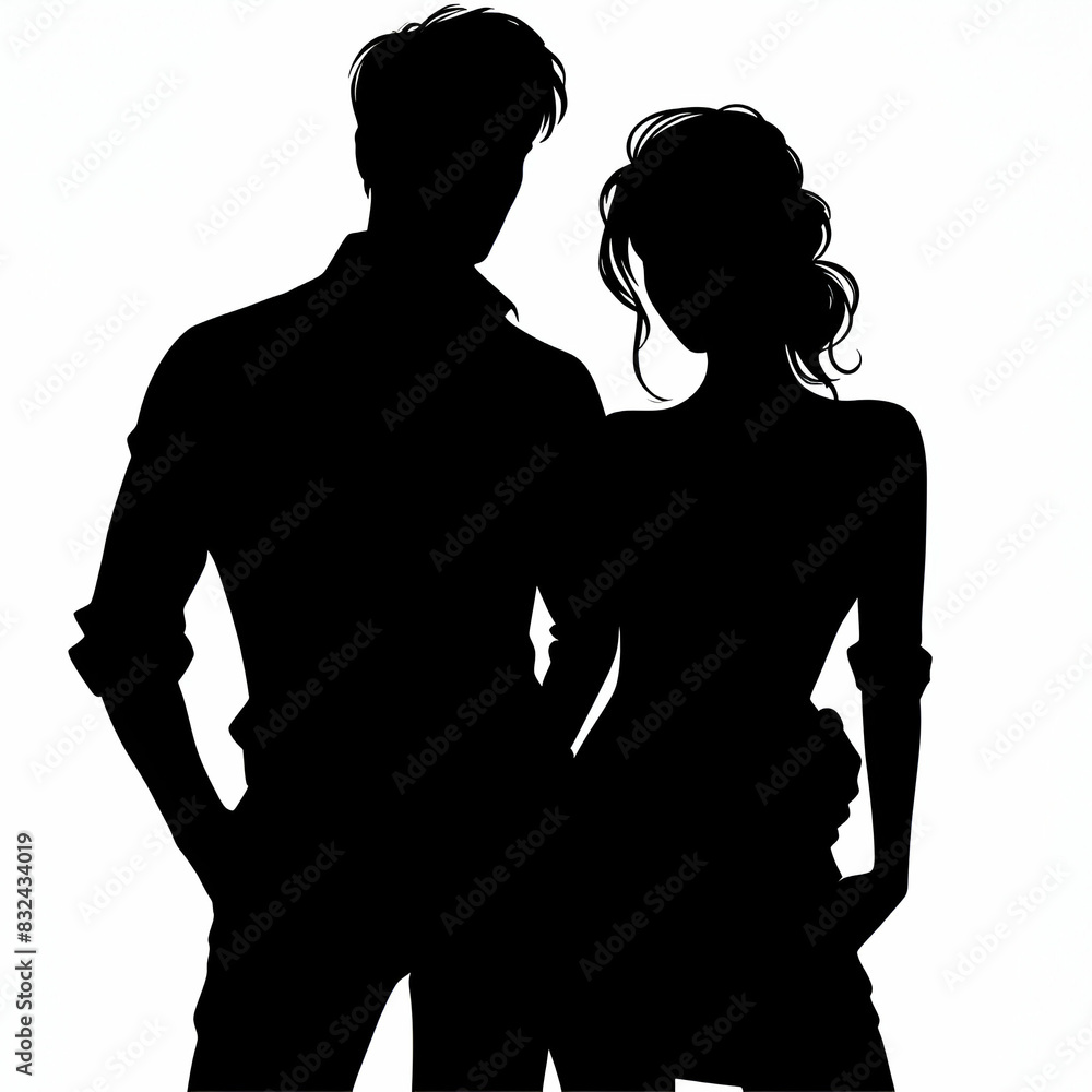 black silhouette of a man and a woman standing side by side on a white background