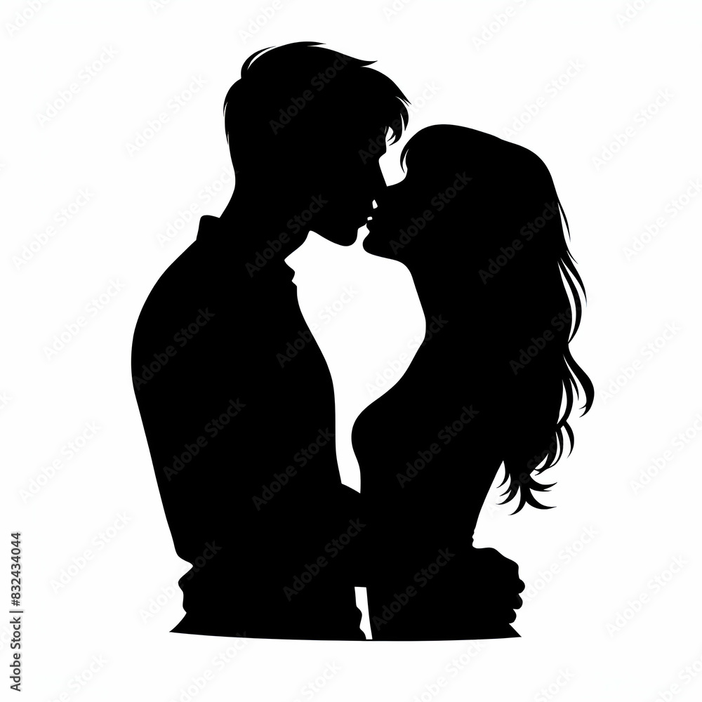 kissing couple, simple black silhouette on a white background