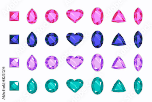 Gemstones, Jewelry. Colorful rhinestones and diamonds, sapphire and amethyst, diamond and emerald, ruby gemstones, isolated on the white background, vector.