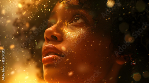 Afro Hairdo in Golden Afrofuturistic Portrait with Incandescent Bokeh Glow photo