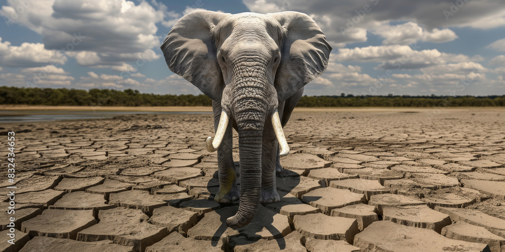 An elephant in a dry cracked earth or land. Metaphor drought, arid area ...