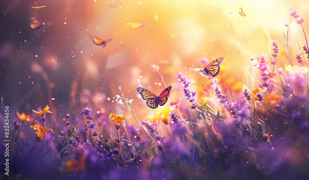 A beautiful field of yellow and purple flowers, with butterflies flying around. The sun shines brightly in the background.