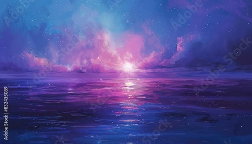 Stars reflecting on the surface of an alien planet s ocean, soft blues and purples, digital painting, tranquil and otherworldly,