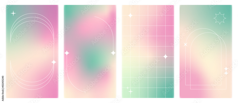 Fototapeta premium Templates for stories in trendy retro Y2k style. Abstract colorful liquid mesh gradient background. Vector illustration isolated on white background.
