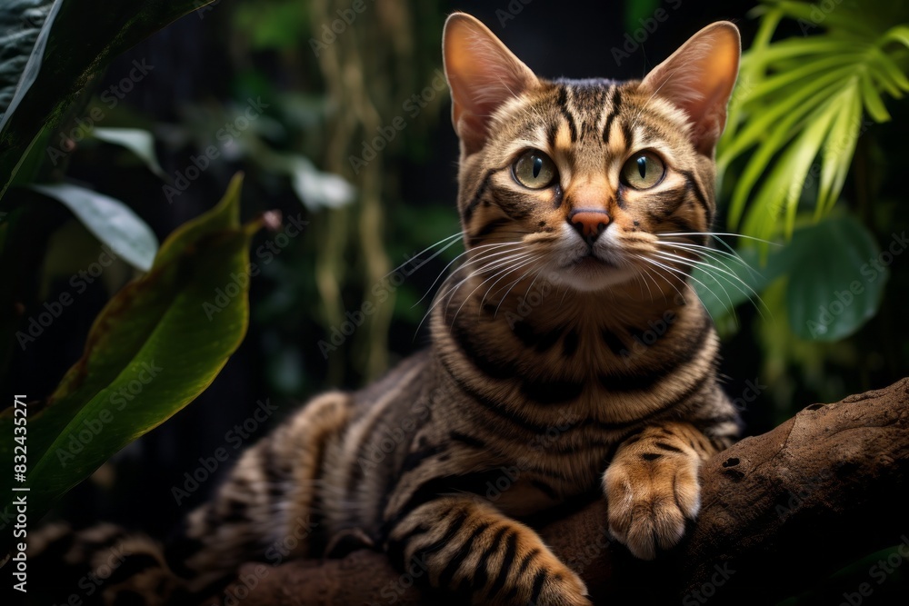 Portrait of a funny serengeti cat over lush tropical rainforest