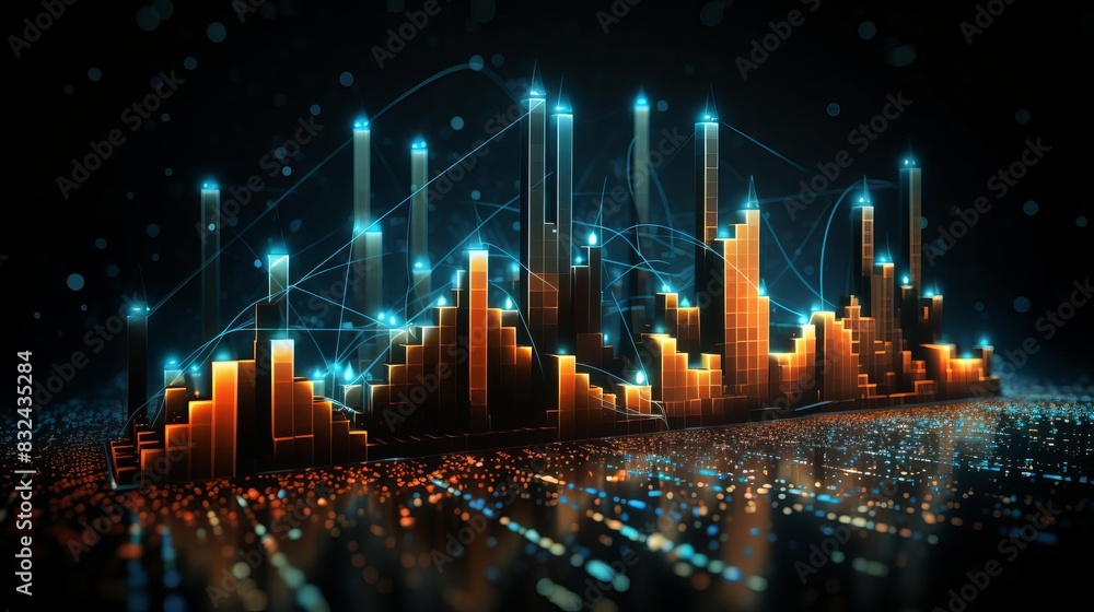 3D graphs of complex data It has multiple layers of overlapping bar and line graphs set against a dark background.