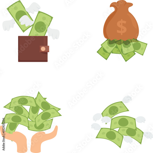 Collection of four moneythemed vector illustrations, including hands with cash and a money bag photo