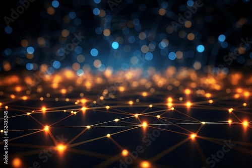 3D abstract background featuring interconnected digital nodes and light trails. photo