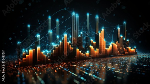 3D graphs of complex data It has multiple layers of overlapping bar and line graphs set against a dark background.