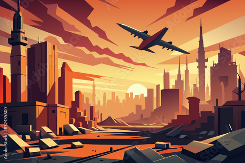 Cartoon illustration of a bombed out city with soaring aircraft, vector.