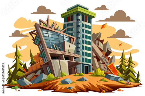 Destroyed skyscraper demolished building vector isolated illustration.