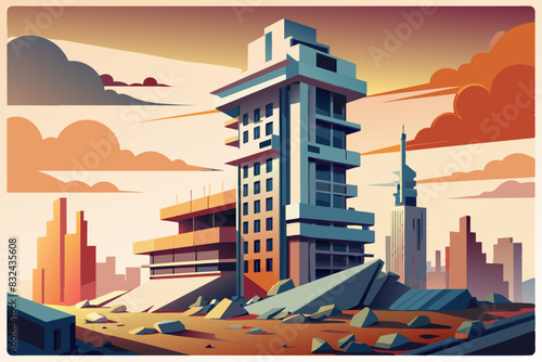 Destroyed skyscraper demolished building vector isolated illustration.
