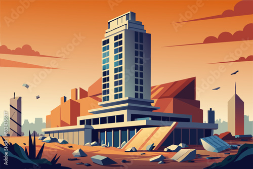 Destroyed skyscraper demolished building vector isolated illustration.