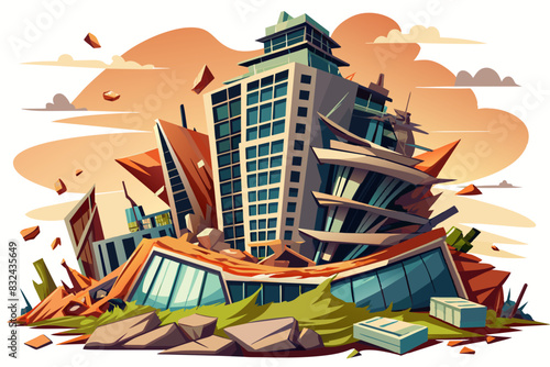 Destroyed skyscraper demolished building vector isolated illustration.