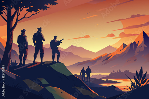 Silhouettes of soldiers on lookout in sunset landscape,Vector.