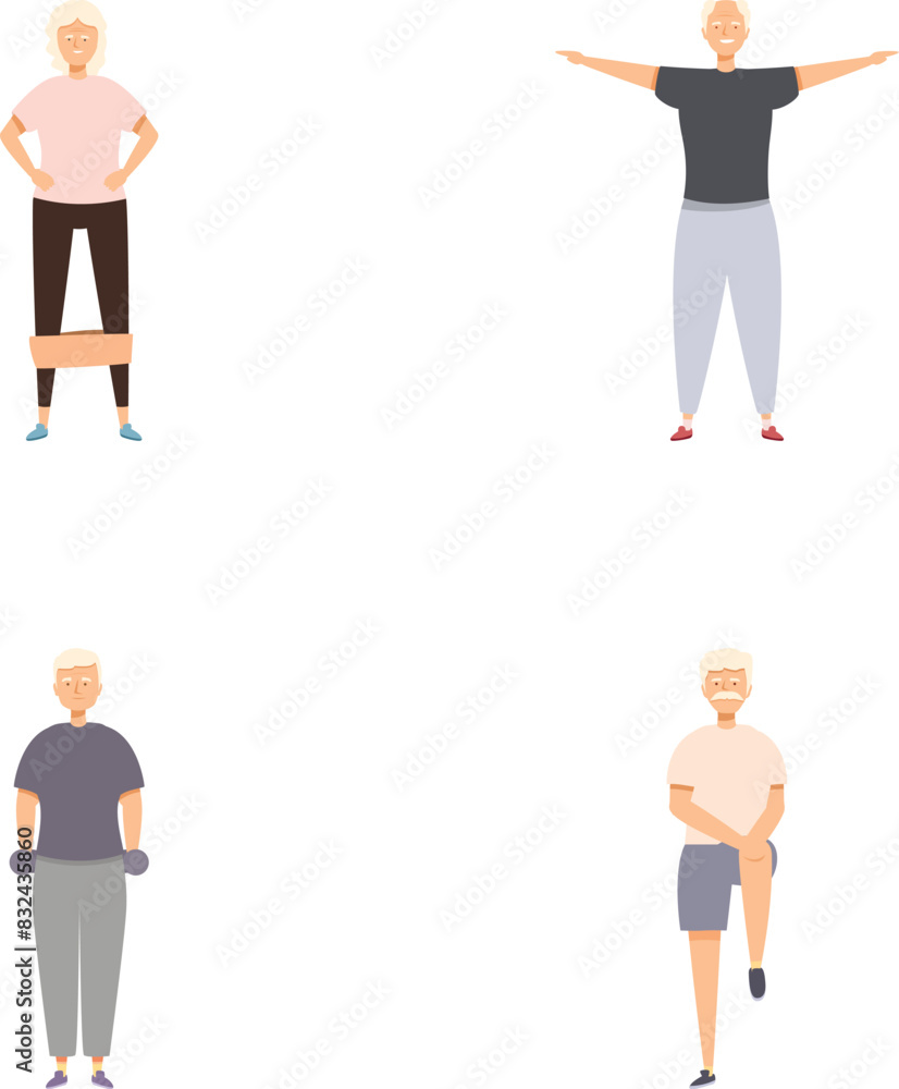 Illustrations of an elderly man demonstrating various stretching poses for fitness or rehabilitation Illustrations of an elderly man demonstrating various stretching poses for fitness or rehabilitation
