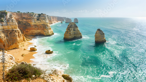 Algarve, portugal -  panoramic view of cliffs in the beautiful marinha beach - summer vacation travel isolated on white background, photo, png
 photo