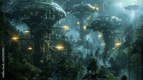 Futuristic spacecraft in a misty forest for science fiction themed designs