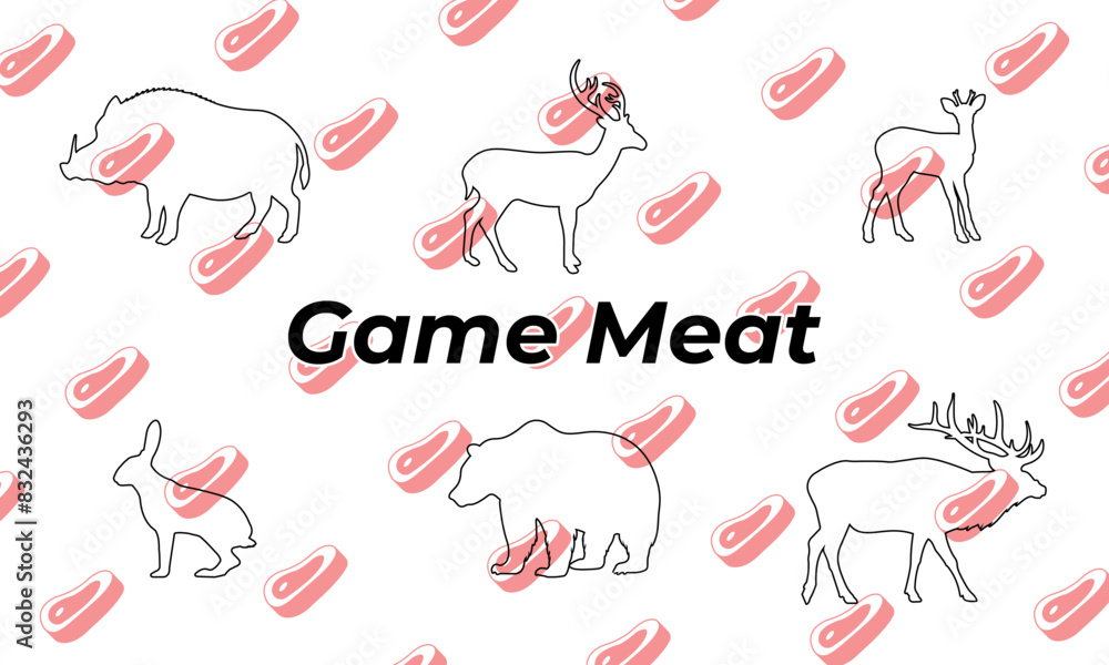 Vector set of animals. Game meat, outline icons. Boar, deer, roe deer, hare, bear, elk. Wild animals mammals and birds that are the objects of hunting and hunting cuisine. Vector set of animals. Game meat, outline icons. Boar, deer, roe deer, hare, bear, elk. Wild animals mammals and birds that are the objects of hunting and hunting cuisine.